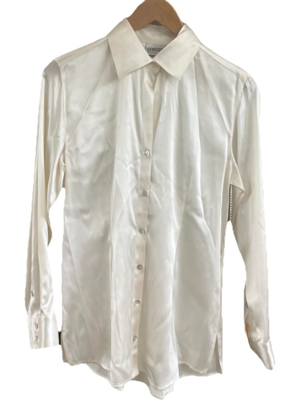 Chico's Silk Spandex Satin Button Down Shirt Ivory Blouse Long Sleeve Sz 0